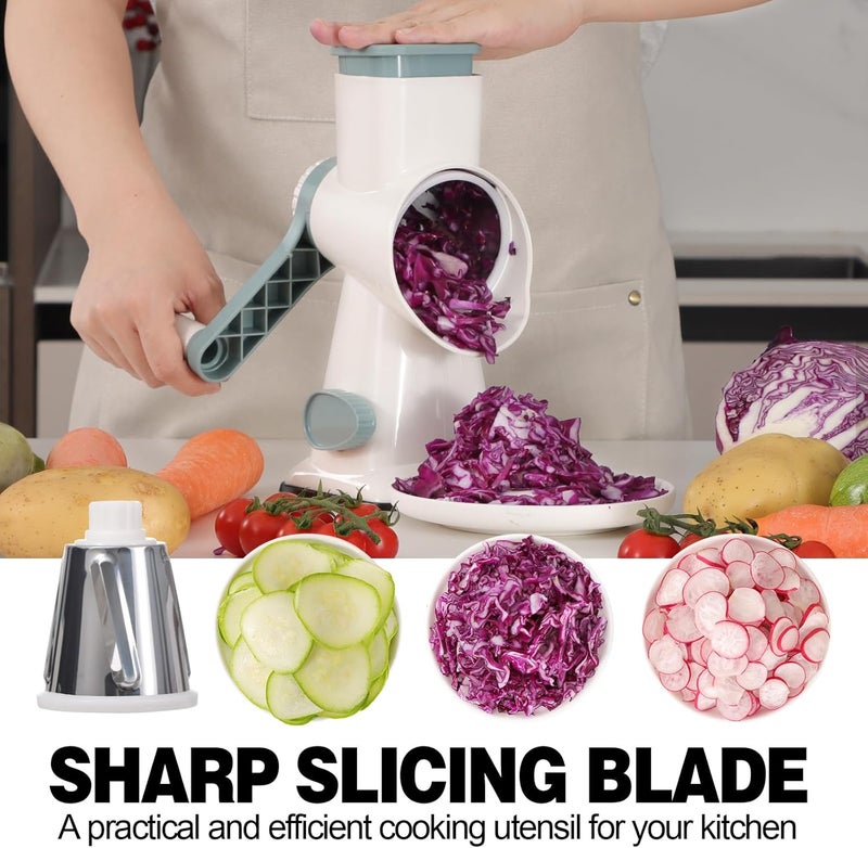 GORCI Cheese Grater Cheese Shredder with 3 Interchangeable Blades, Rotary Cheese Grater Manual Vegetable Slicer with Non-slip Suction Base Peanut Nuts Grinder Vegetable Shredder White - Image 3